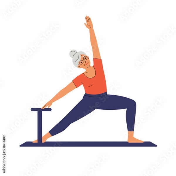 Obraz Elderly woman doing pilates in a yoga pose on a mat  