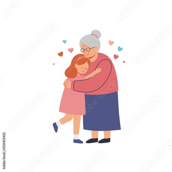 Obraz Grandmother hugging granddaughter with love and affection in illustration  