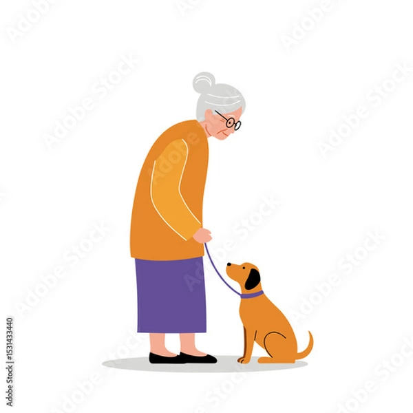 Obraz Elderly woman with dog standing and looking down on the ground  