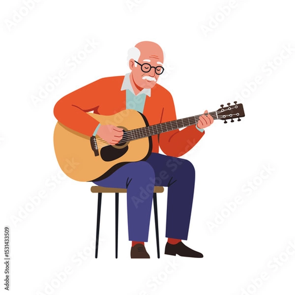 Obraz Elderly man playing guitar while sitting on a chair in casual attire  