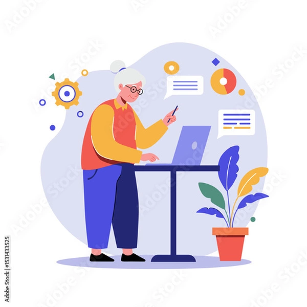 Obraz Elderly woman learning technology while working at a desk with plants  
