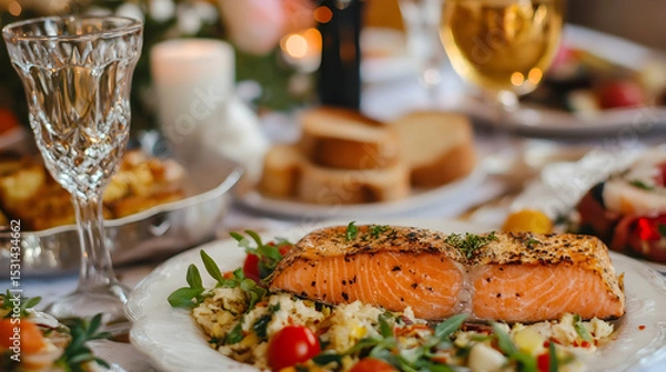 Fototapeta Salmon toast dinner table to cele  B0A6D