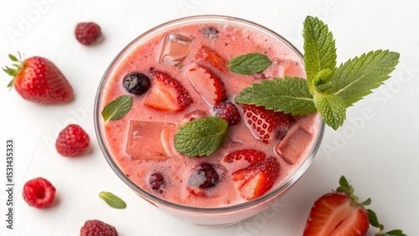 Obraz Refreshing Berry Smoothie Top-Down Composition, Glass of Strawberry Raspberry Blend with Mint, Summer Concept. Smoothie Recipe, Berry Drink Smoothie, Berries