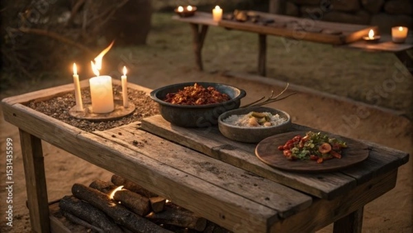 Obraz Rustic Candlelit Dinner Three-Dish Composition on Wooden Table, Food Photography, Warm Lighting, Culinary Still Life. Food Photography, Culinary
