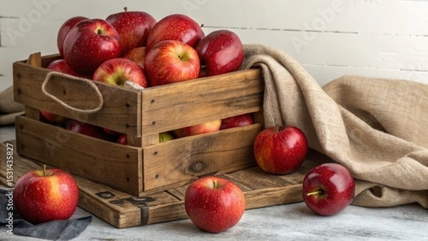 Obraz Rustic Wooden Crate of Red Apples, Still Life Photography, Autumn Harvest, Food Photography Apples, Harvest, Fall