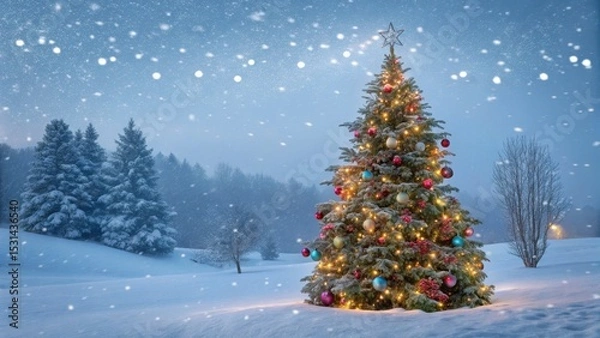 Obraz Snow-Covered Christmas Tree in Winter Wonderland Illuminated Fir, Festive Ornaments, Snowy Landscape, Night Scene Christmas, Winter