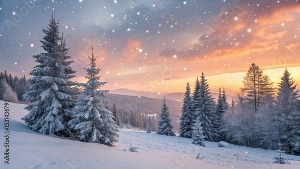 Obraz Snowy Mountain Sunset Winter Wonderland Landscape, Snowfall, Pine Trees, Golden Hour, Winter Scene Winter Photography, Christmas Card