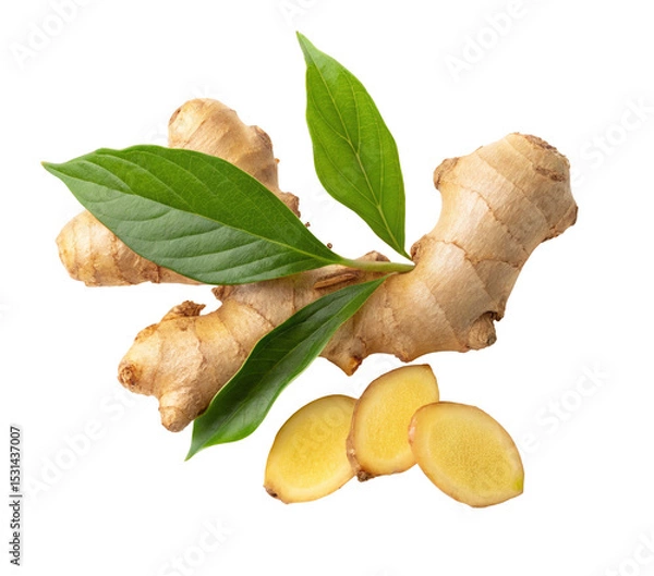 Fototapeta Fresh ginger root with green leaves and slices isolated on black background for healthy recipes