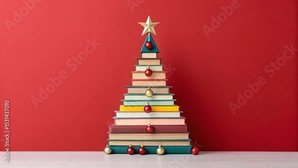 Obraz Stacked Books Christmas Tree Red Background, Festive Ornaments, Holiday Reading, Christmas Books, Bookstack Christmas Tree, Books