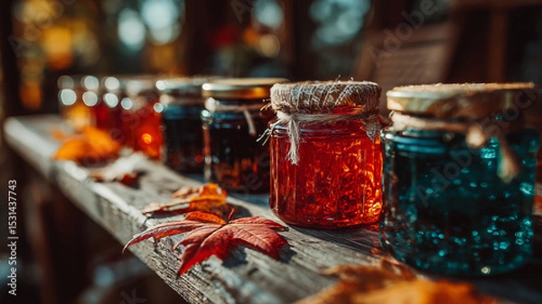 Fototapeta Homemade jam jars glimmering on a rustic wooden table in autumn light
