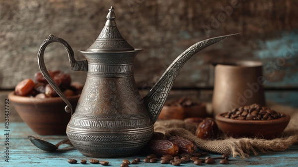 Fototapeta Elegant dallah showcasing traditional coffee brewing at a rustic setting