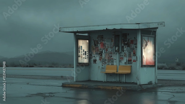 Fototapeta Desolate roadside kiosk with peeling paper ads under an overcast sky