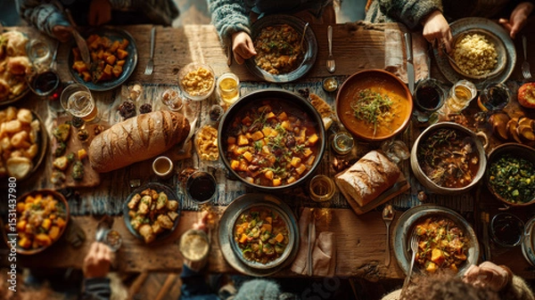 Fototapeta Enjoying a festive meal around a rustic table with seasonal stew