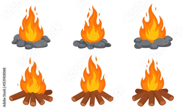 Fototapeta Cartoon Bonfire Flames Set, Wood-Burning Campfire, Bonfire On Rocks, Isolated On White Background. Vector Illustration