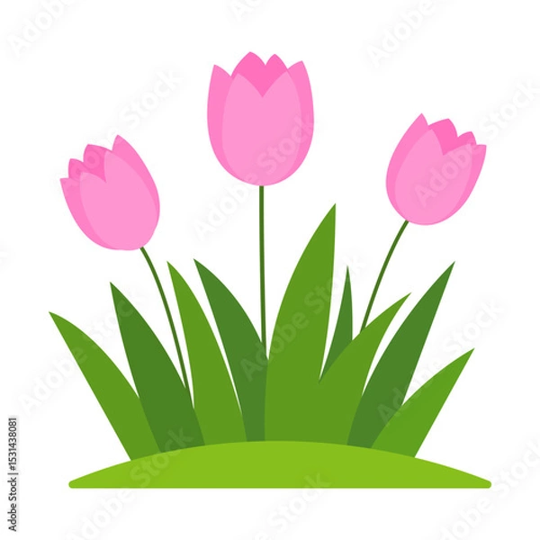 Obraz Cartoon Flat Pink Flowers In Green Grass, Isolated On White Background. Vector Illustration