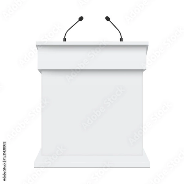 Obraz Podium Tribune Mockup With Two Microphones, Front View, Isolated On White Background. Vector Illustration