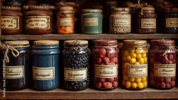 Fototapeta Preserved fruits displayed on rustic pantry shelves in vintage glass jars