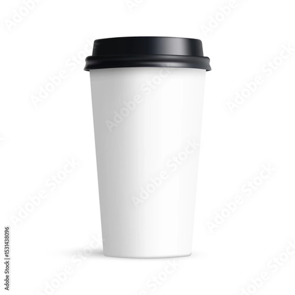 Obraz Blank Tall Coffee Cup Mockup With Black Cap, Front View, Isolated On White Background. Vector Illustration