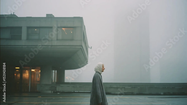 Fototapeta Old woman in headscarf walks by brutalist architecture in foggy setting
