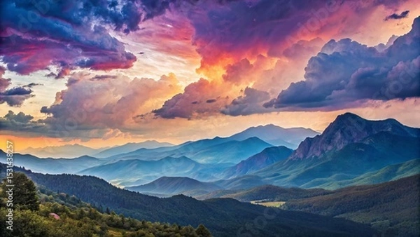 Obraz Sunset Mountain Landscape Vibrant Cloudscape Over Rolling Hills, Wide Angle Composition, Dramatic Colors landscape photography, mountain scenery