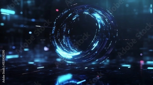 Fototapeta A rotating holographic logo with smooth, flowing curves, surrounded by concentric circles of light