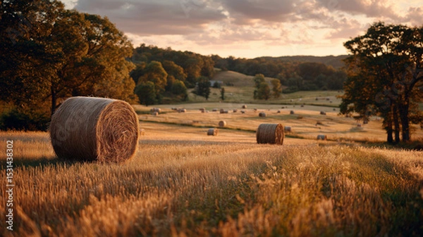 Fototapeta Golden sunset over rural fields scattered with hay and baskets