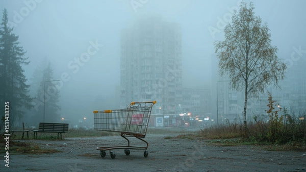 Fototapeta Abandoned shopping cart stands alone in foggy housing block setting