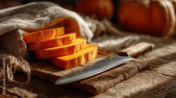 Fototapeta Autumnal delight sliced pumpkin on a rustic table with a knife nearby