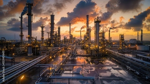 Fototapeta The industrial complex glows with light in the soft twilight of a cloudy evening.
