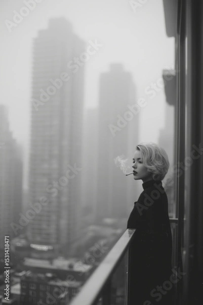 Fototapeta Woman enjoying a moment of reflection on a balcony overlooking the foggy city