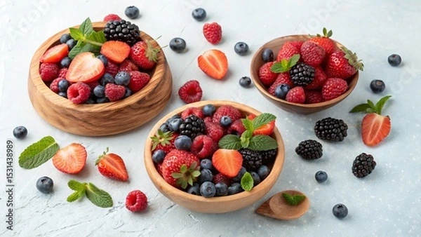 Obraz Three Wooden Bowls of Mixed Berries Strawberries, Raspberries, Blackberries and Blueberries, Food Photography, Flatlay Composition Berry Salad, Summer Fruit
