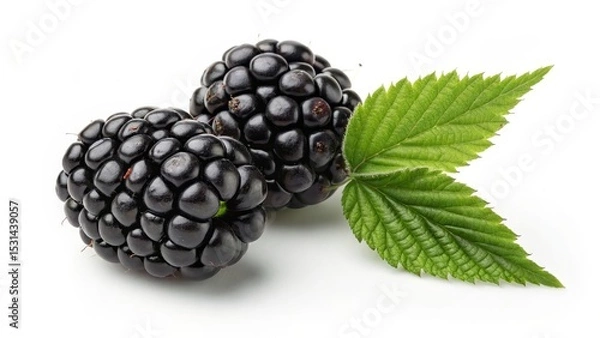 Obraz Two Blackberries with Leaf Close-up Studio Shot, Food Photography, Nature, Macro Blackberry, Fruit
