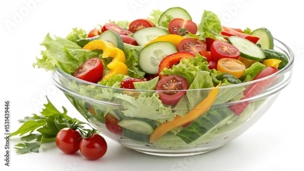 Obraz Vibrant Vegetable Salad in Glass Bowl Composition of Lettuce, Tomatoes, Cucumbers and Peppers, Healthy Food Photography, Food Photography, Salad Recipe Healthy eating, Vegan food