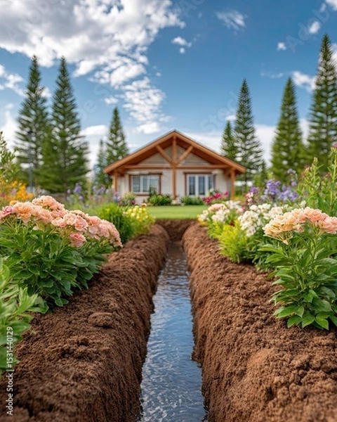 Fototapeta Below-ground drainage system, A beautiful garden pathway leading to a charming house. Below-ground drainage systems for infrastructure and landscape
