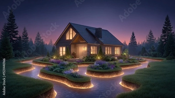 Fototapeta Below-ground drainage system, A cozy home illuminated by glowing pathways in a serene landscape. Below-ground drainage systems for infrastructure and landscape