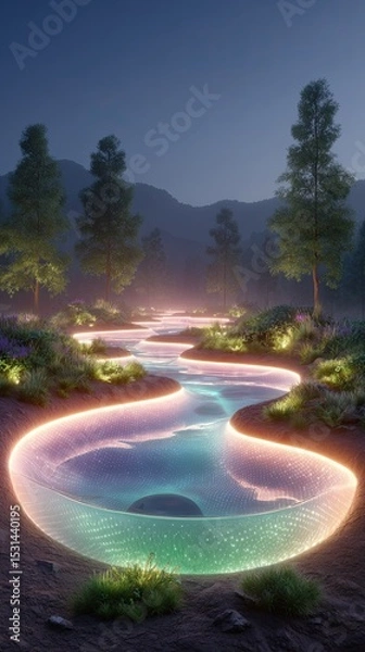 Fototapeta Below-ground drainage system, A serene glowing river winding through lush forest at dusk. Below-ground drainage systems for infrastructure and landscape