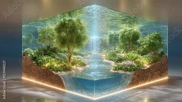 Fototapeta Below-ground drainage system, A serene digital landscape showcasing lush greenery and water. Below-ground drainage systems for infrastructure and landscape