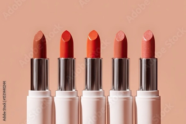 Fototapeta Five lipstick shades, in various warm tones of orange-red and peach, arranged in a row against a peach background.  The lipsticks have sleek, metallic silver caps and white lipstick tubes