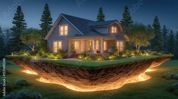 Fototapeta Below-ground drainage system, A surreal floating house illuminated by a glowing landscape. Below-ground drainage systems for infrastructure and landscape