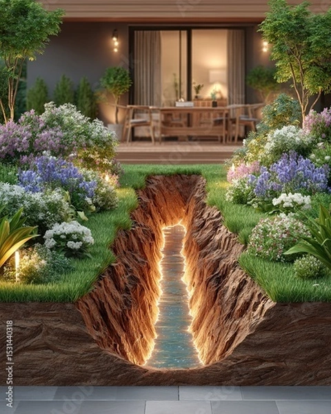 Fototapeta Below-ground drainage system, A vibrant garden featuring flowers and a glowing stream. Below-ground drainage systems for infrastructure and landscape