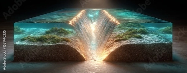 Fototapeta Below-ground drainage system, Surreal landscape with cascading water glowing in the abyss. Below-ground drainage systems for infrastructure and landscape