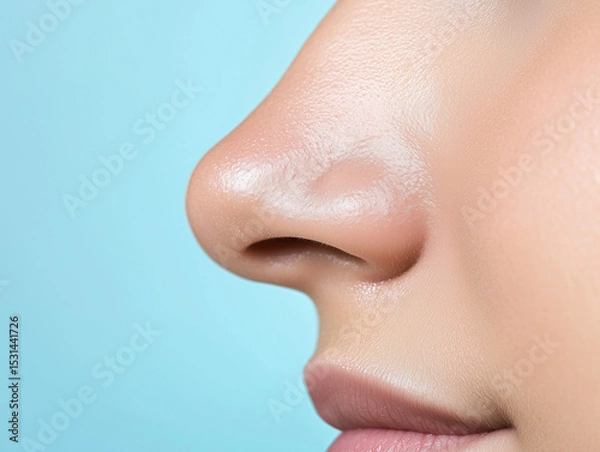 Obraz Close up view of a woman's nose on a blue background.