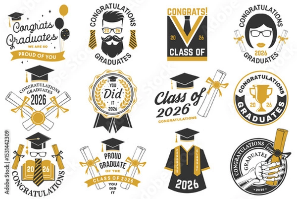 Fototapeta Set of Vector Class of 2026 badges. Vector illustration. Concept for shirt, print, seal, overlay or stamp, greeting, invitation card. Typography design. For class of 2026 graduation.