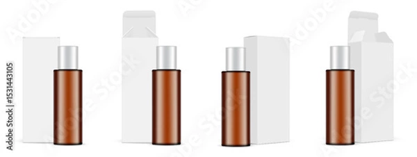 Obraz Set Of Amber Plastic Cosmetic Bottles With Paper Boxes. Blank Packaging Mockup, Front And Side View, Opened And Closed Lid, Isolated On White Background. Vector Illustration