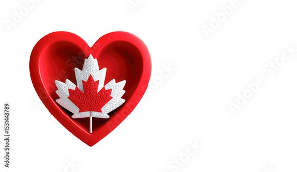 Fototapeta Red heart-shaped container featuring a white and red maple leaf design, symbolizing love and patriotism, ideal for celebrating national pride and special occasions