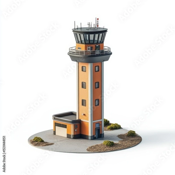 Obraz A detailed model of an air traffic control tower with an orange and beige facade, surrounded by small bushes on a circular base.