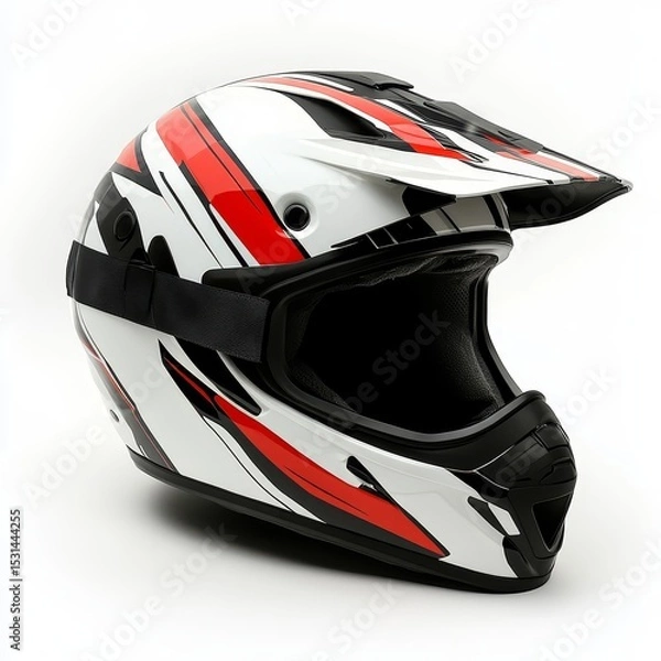 Obraz A sleek, modern motocross helmet with white, red, and black graphics designed for high-impact protection and style.