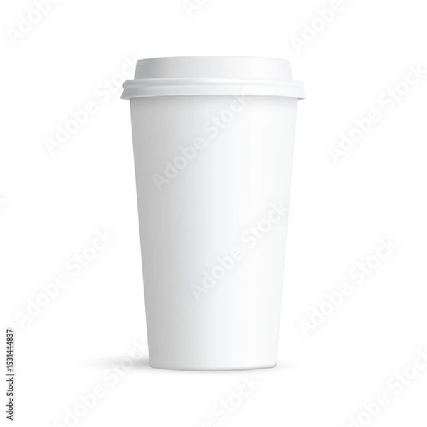 Fototapeta Blank Tall Coffee Cup Mockup With White Plastic Cap, Front View, Isolated On White Background. Vector Illustration