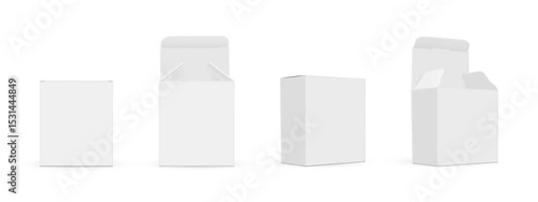 Fototapeta Set Of Small Square Packaging Boxes Mockups, Front and Side View, Opened and Closed Lid, Isolated On White Background. Vector Illustration