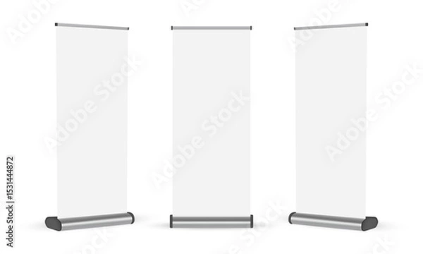 Fototapeta Roll-Up Banner Mockup, Front And Side View Isolated On White Background. Vector Illustration